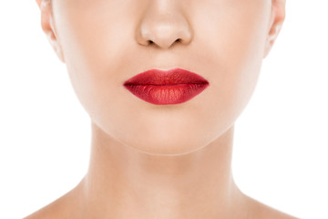 Obraz premium cropped view of beautiful woman with perfect skin and red lips, isolated on white