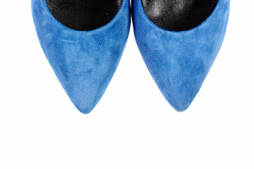 Pair of blue suede shoes isolated on white background