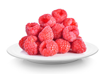 raspberry in plate on white background