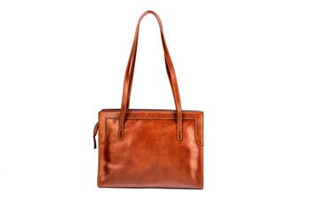 Elegant brown leather woman's handbag isolated on white background.
