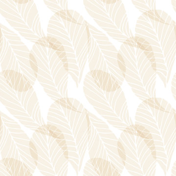 Floral vector seamless pattern with tropical leaves. Simple hand drawn leaves outlines in pastel colors.
