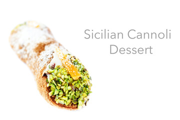 Cannoli Siciliani isolated on white - traditional dessert stuffed with ricotta cream and pistachios close up.