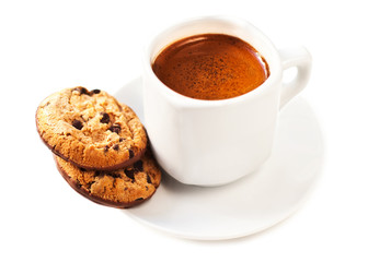 A Coffee of cup isolated on white background with cookies. Americano. Coffee cup of cappuccino with brown foam.