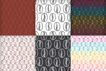 Seamless patterns sets with coffee beans. Decorative doodle vector illustration