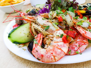 closeup mix seafood Shrimp and Mussels salad