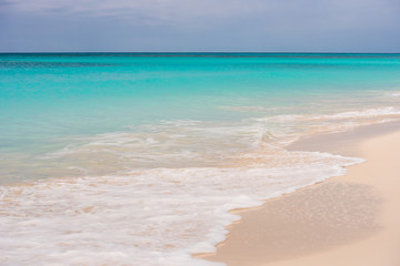 Fototapeta na wymiar Sandy beach Playa Paradise of the island of Cayo Largo, Cuba. Copy space for text.