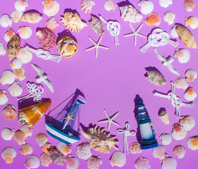 Composition of exotic sea shells, boat, lighthouse, nautical knots, gulls on a purple background. The view from the top. Place for your text.