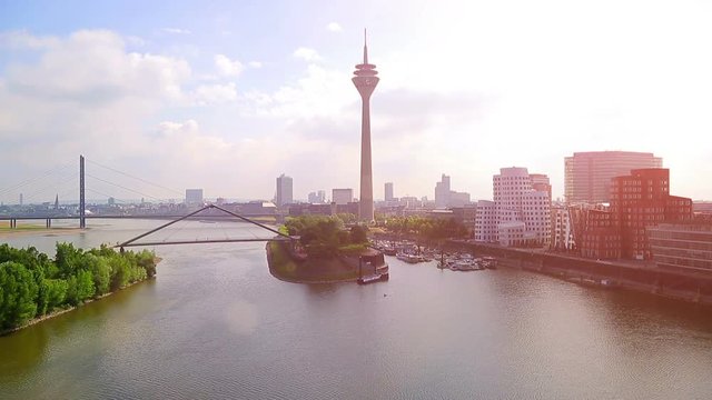 Germany. Timelipse Dusseldorf cityscape with view on media harbor.