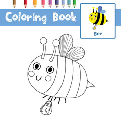 Coloring page of Bee flying with jar of honey animals for preschool kids activity educational worksheet. Vector Illustration.