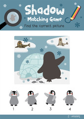 Shadow matching game by finding the correct picture of Funny Penguin and igloo animals for preschool kids activity worksheet colorful printable version layout in A4 vector illustration.