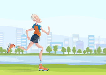 An elderly gray-haired man practice Jogging outdoors. Active lifestyle and sport activities in old age. Vector illustration with copy space for text.