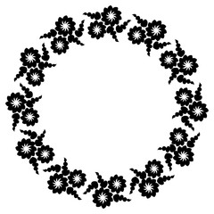 Black and white silhouette round frame with decorative flowers. Vector clip art.