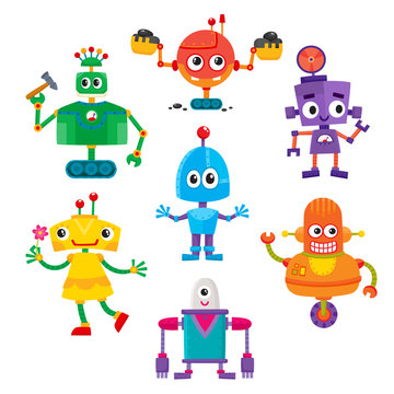 Set of cute and funny colorful robot characters, cartoon vector illustration isolated on white background. Cartoon style set of funny colorful robot toys, aliens, androids