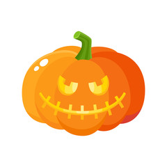 Laughing, grinning pumpkin jack-o-lantern with vampire teeth, Halloween symbol, cartoon vector illustration isolated on white background. Pumpkin lantern with grinning face, Halloween decoration