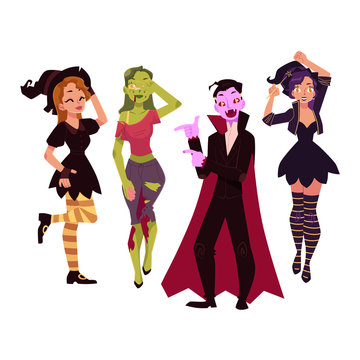 People in Halloween party costumes - witch, zombie, vampire, dracula, cartoon vector illustration isolated on white background. Friends dressed for Halloween - witch, zombie, dracula