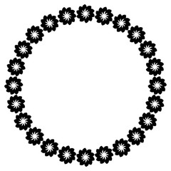 Black and white silhouette round frame with decorative flowers. Vector clip art.