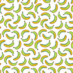 Bananas on white background, bright colorful seamless pattern, template for your design. Fresh fruits collection. Decorative hand drawn doodle vector illustration