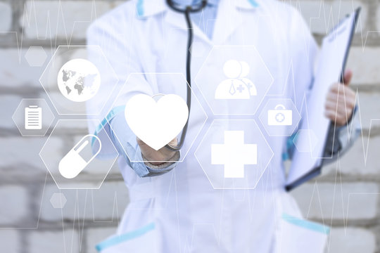 Doctor pushing button heart pulse virtual healthcare web network