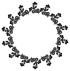 Black and white silhouette round frame with decorative flowers. Vector clip art.