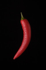 Wet red chili pepper on black background