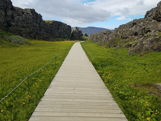 Fototapeta na wymiar Long wooden walkway through green field and mountains