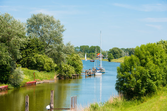 View of the boats in the harbor, Hooksiel, Wangerland, Germany. Copy space for text.