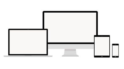 Set of computer monitor, laptop, tablet and mobile phone with blank screen. Flat style - stock vector.
