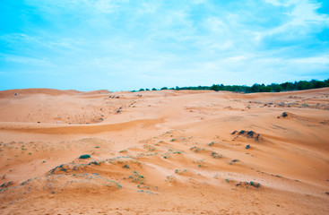 Fototapeta na wymiar Popular desert area known for red-hued sand dunes & activities such as sand sledding in Phan Thiet, Vietnam.