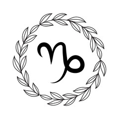 Hand drawing flat capricorn symbol in rustic floral wreath