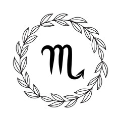 Hand drawing flat scorpio symbol in rustic floral wreath