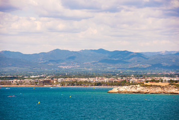 Fototapeta na wymiar Coastline Costa Dorada, main beach in Salou, Tarragona, Catalunya, Spain. Copy space for text.