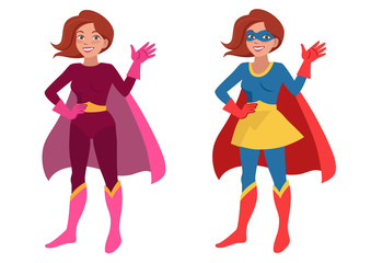 Vector hand drawn cartoon character illustration of a smiling friendly young woman wearing Superhero costume with cape and mask, standing with one hand on hip, waving hello. Flat contemporary style. © Elena