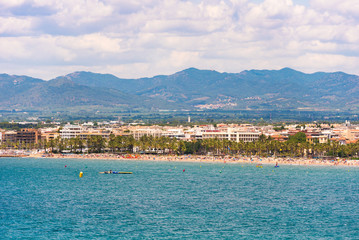 Coastline Costa Dorada, main beach in Salou, Tarragona, Catalunya, Spain. Copy space for text.