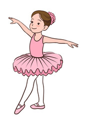 Cartoon vector illustration of a smiling little Caucasian ballerina girl wearing pink leotard, tutu and ballet slippers, standing gracefully with arms apart and pointed left foot © Elena