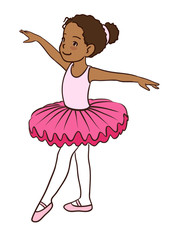 Hand drawn vector character cartoon illustration of a little African-American cute dancing ballerina girl in pink leotard, tutu and ballet slippers, isolated on white background. © Elena