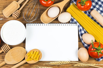 Cooking concept. Basic baking ingredients and kitchen tools close up