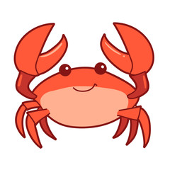 Vector hand drawn cartoon illustration of a cute smiling happy crab character, lifting up claws, isolated on white background.