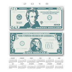 2018 Calendar with two US bills greatly simplified and stylized   
