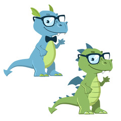Vector hand drawn cartoon character illustration of a cute friendly nerdy dragon wearing eyeglasses and bow tie, in contemporary flat style. Mascot or logo design element.