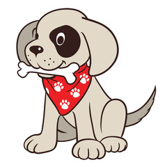 Vector hand drawn cartoon illustration of a cute friendly puppy dog character with bone in mouth, wearing red neck bandanna with paw print