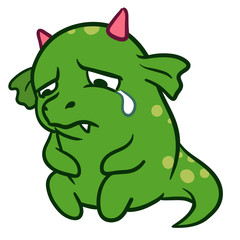 Vector hand drawn cartoon character illustration of a funny fat crying green dragon monster with pink horns, sitting with unhappy desolate sad look on its face, tear rolling down his cheek.