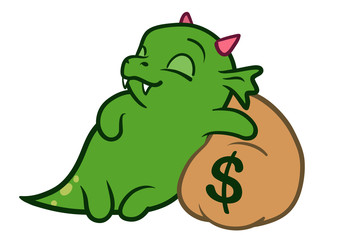 Cute cartoon monster dragon sleeping on bag of money