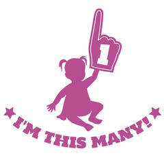 Vector silhouette illustration of a baby toddler girl holding up foam hand with number one on it, with caption below that says 