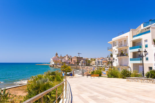 Landscape of the coastline in Sitges, Barcelona, Catalunya, Spain. Copy space for text.