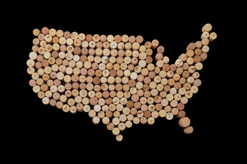 Countries winemakers - maps from wine corks. Map of USA on black background. Clipping path included.