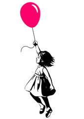 Little girl floating with a red balloon, street art graffiti style