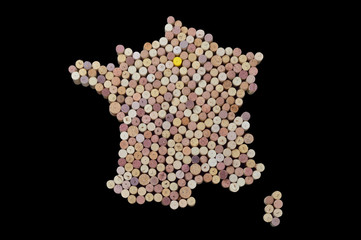 Countries winemakers - maps from wine corks. Map of France on black background. Clipping path...