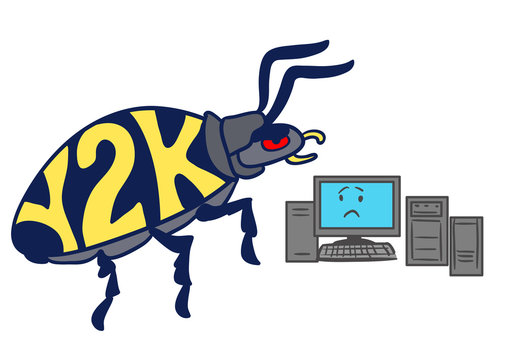 Cartoon Y2K Millennium Bug Attacking Personal Computer