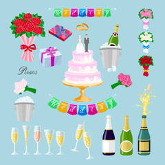 set Wedding cake with couple vector. Newlyweds, glasses, champagne, gifts, roses, flowers, rings, inscription, flags, streaming