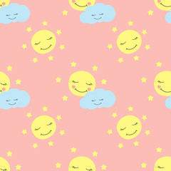Cute baby moon pattern vector seamless. Kids print with eyelash moon with stars and clouds. Background for children birthday card, wallpaper or fabric, baby shower invitation template.